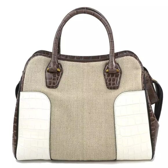 Auth TOD’S Handbag Shoulder Bag Brown/White Embossed Leather/Canvas - Picture 3 of 13